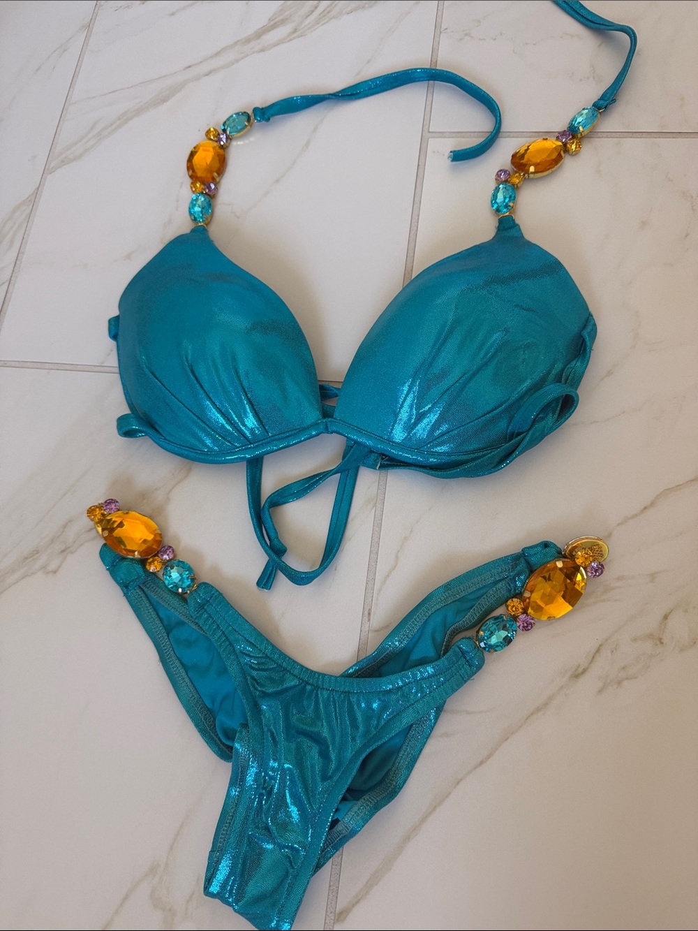 Mermaid Teal Metallic Bikini Set with Amber Jewel Accents